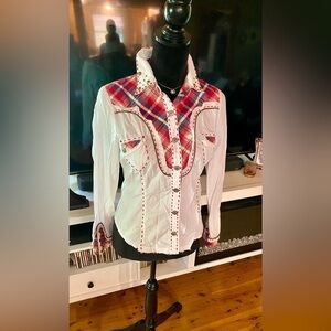 White Western-Style Button Front Shirt with Red Plaid Trim